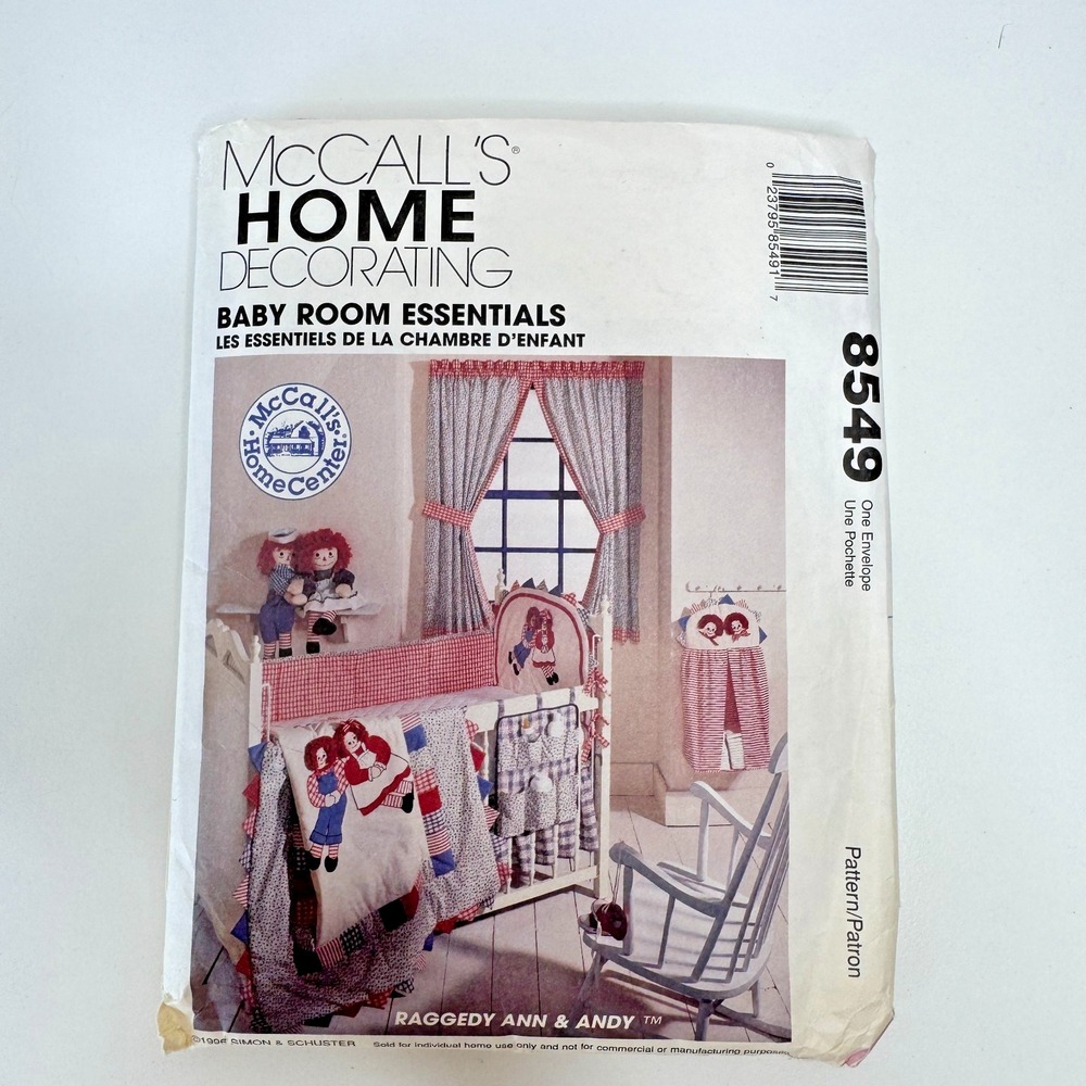 McCALL'S 8549 Uncut Sewing Pattern Raggedy Ann Andy Baby Room Decor Window Quilt
